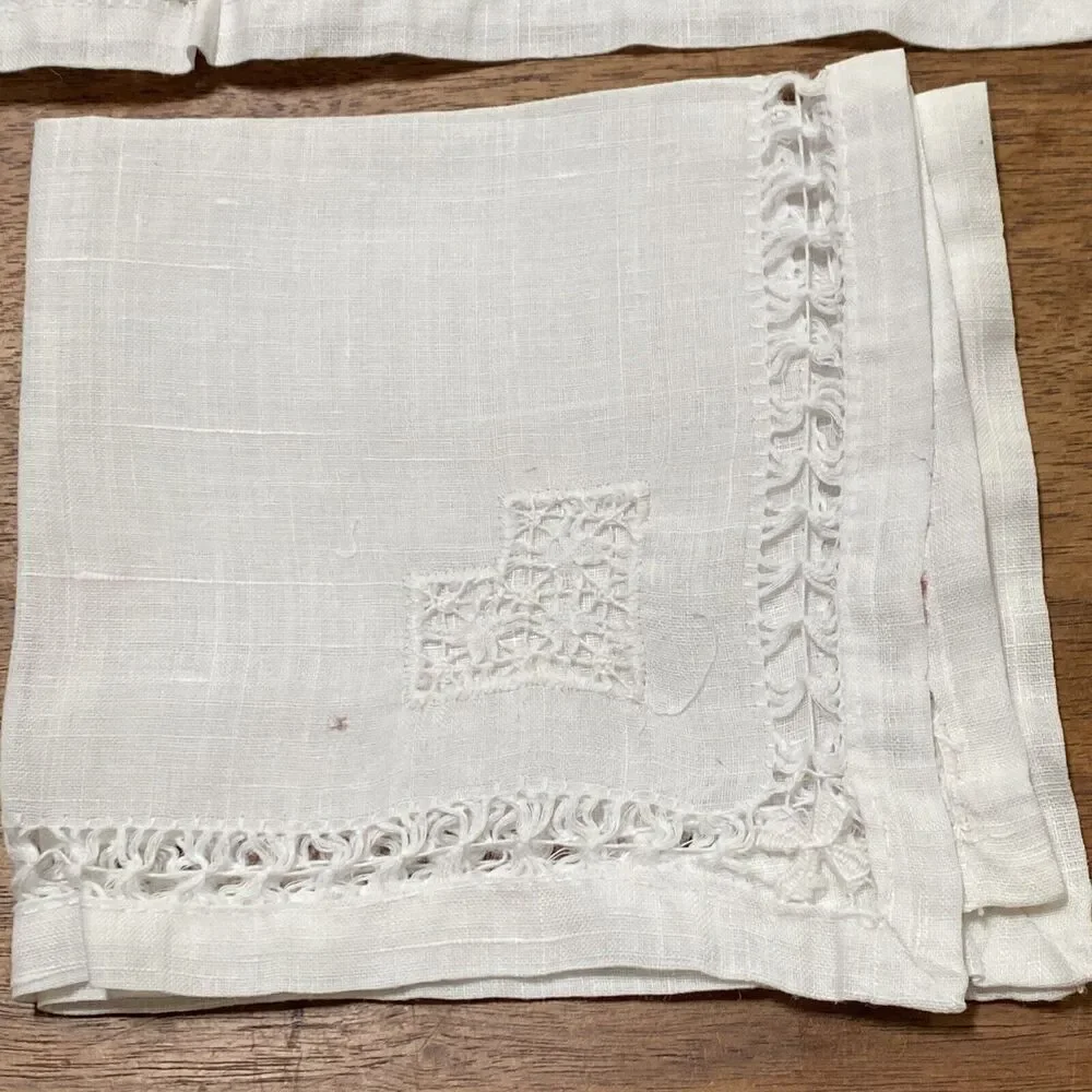 Vintage Set of 4 Sheer White Fine Linen Cocktail Napkins Cutwork Detail Handwork